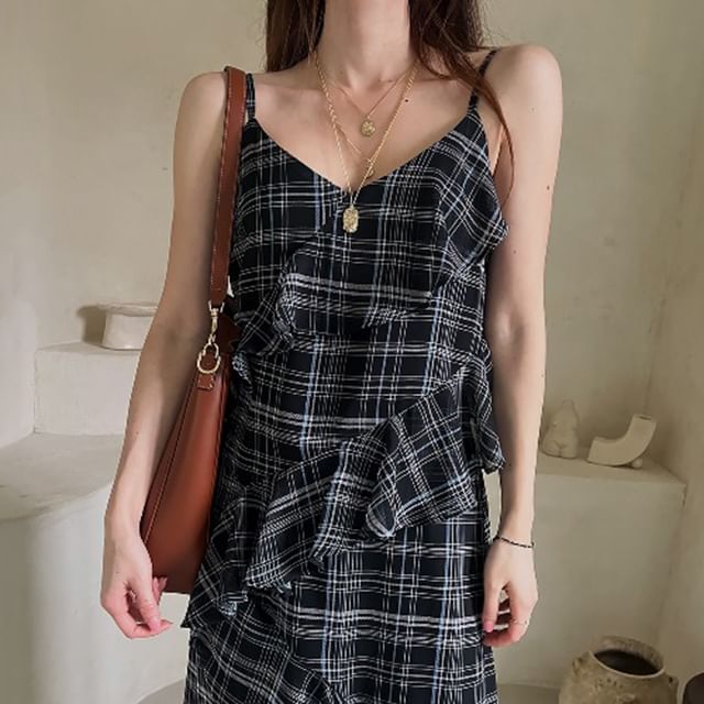 Plaid Ruffle A-Line Maxi Dress - V-Neck Spaghetti Strap
