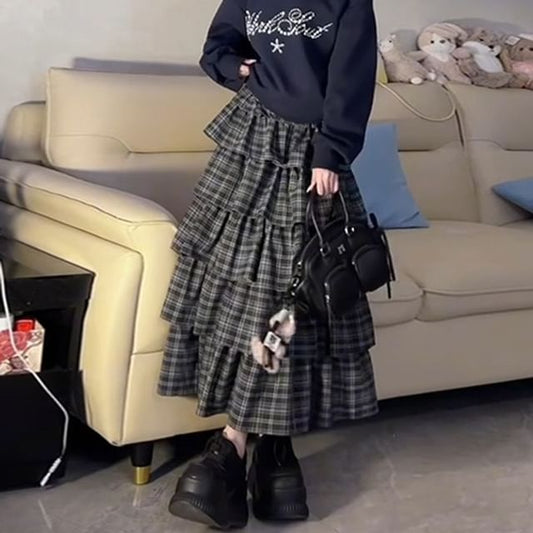 Tiered Midi Skirt with Plaid Pattern and High Rise