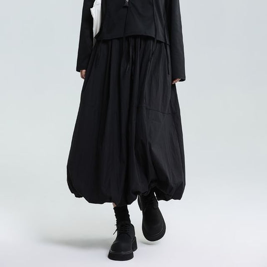 Bubble Hem Midi A-Line Skirt with Elastic Waist
