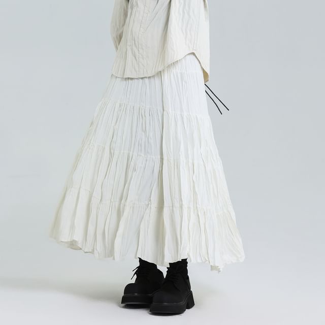 Elasticated Waist Tiered Midi A-Line Skirt with Ruched Detail