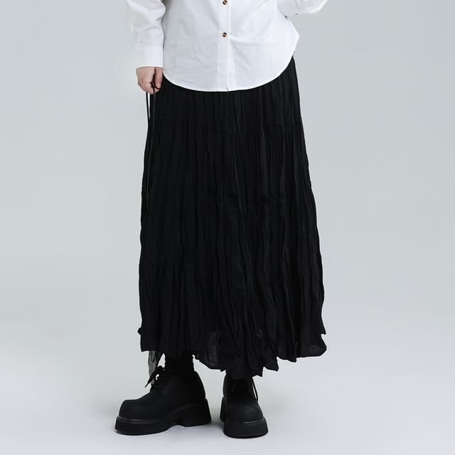 Elasticated Waist Tiered Midi A-Line Skirt with Ruched Detail