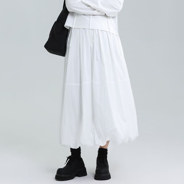 Bubble Hem Midi A-Line Skirt with Elastic Waist