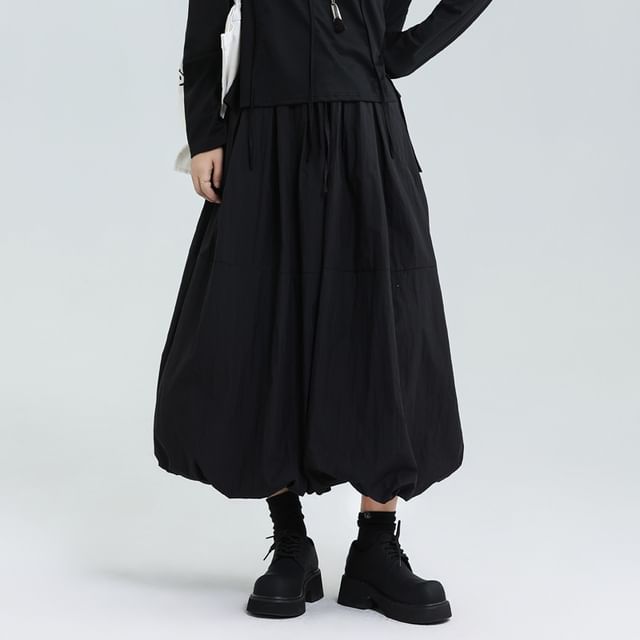 Bubble Hem Midi A-Line Skirt with Elastic Waist