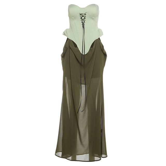 Lace Up Two Tone Mesh A-Line Dress - Tube Sleeveless