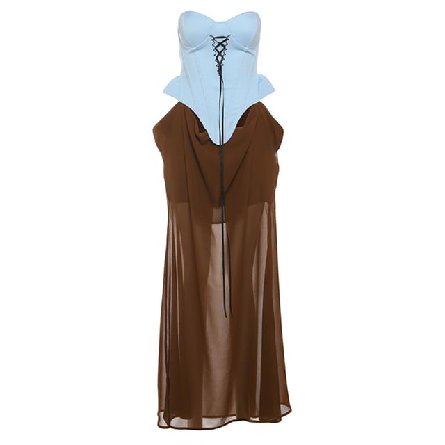 Lace Up Two Tone Mesh A-Line Dress - Tube Sleeveless