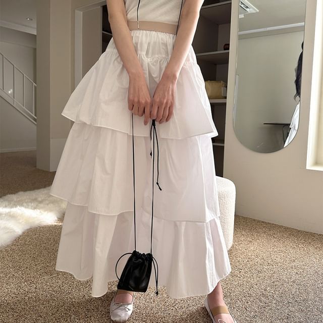 Layered Midi A-Line Skirt with High Waistband