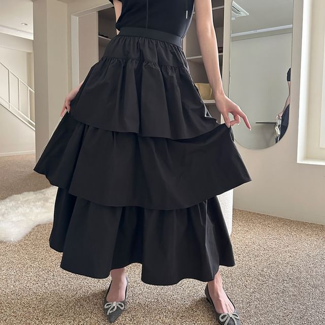 Layered Midi A-Line Skirt with High Waistband