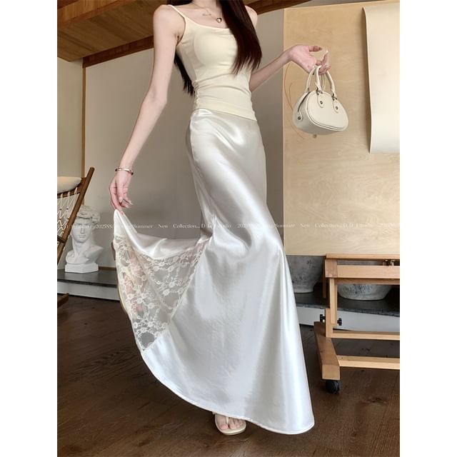 Satin Fishtail Midi Skirt with Lace Panel and High Waist