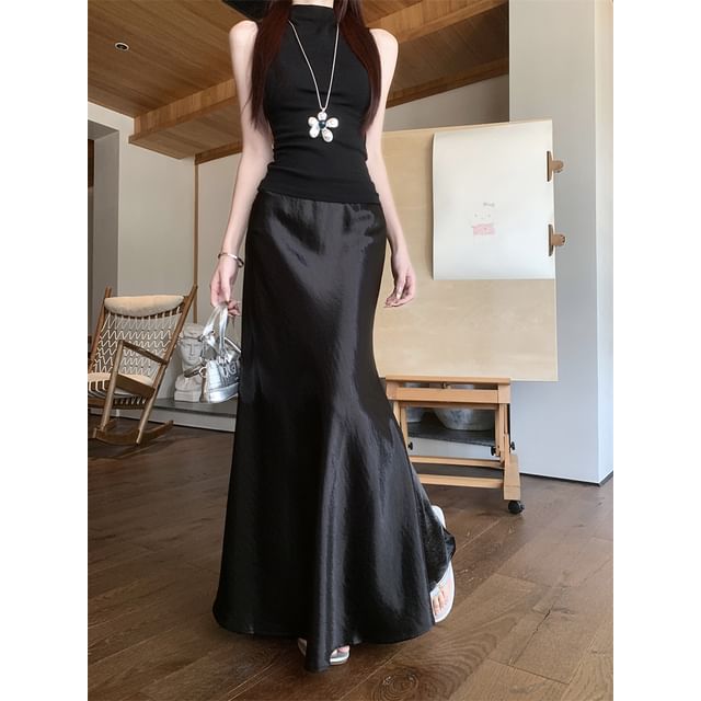 Satin Fishtail Midi Skirt with Lace Panel and High Waist