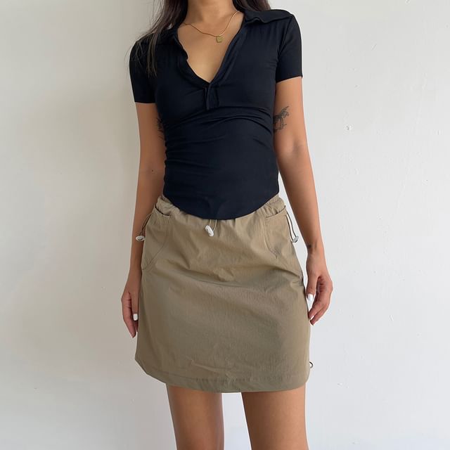 Drawstring Waist Cargo Mini A-Line Skirt with Plain Design