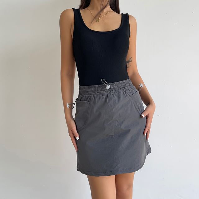 Drawstring Waist Cargo Mini A-Line Skirt with Plain Design