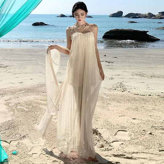 Sheer A-Line Maxi Dress - Spaghetti Strap