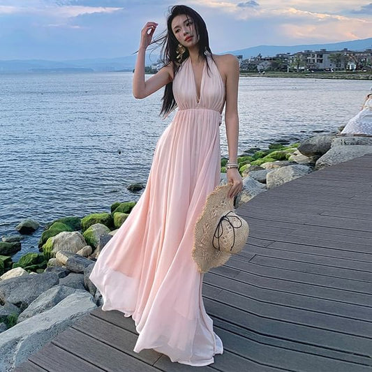 Plain A-Line Maxi Dress - V-Neck Sleeveless