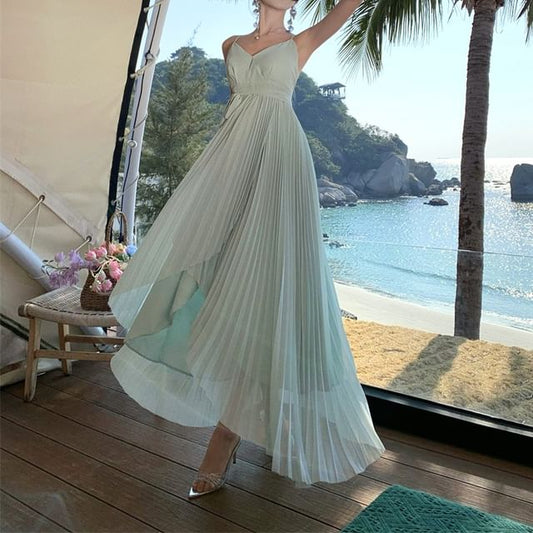 Asymmetrical A-Line Maxi Dress - V-Neck Spaghetti Strap