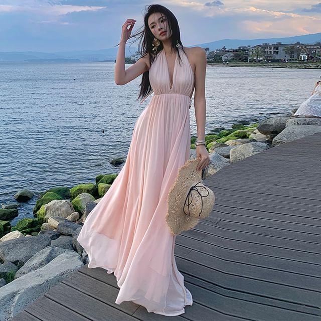 Plain A-Line Maxi Dress - V-Neck Sleeveless