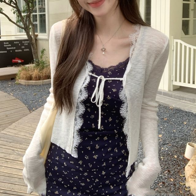 Lace Trim Ribbed Tie-Front Cardigan