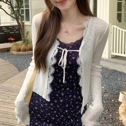 Lace Trim Ribbed Tie-Front Cardigan