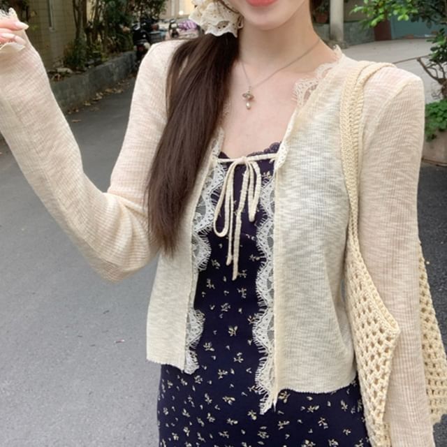 Lace Trim Ribbed Tie-Front Cardigan