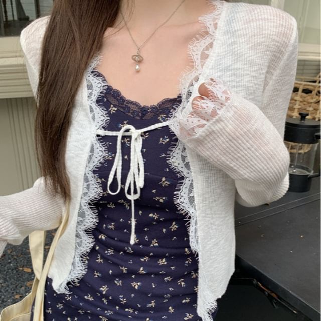 Lace Trim Ribbed Tie-Front Cardigan