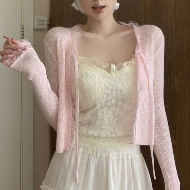 Lace Trim Ribbed Tie-Front Cardigan