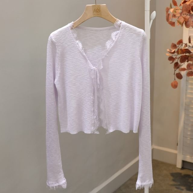 Lace Trim Ribbed Tie-Front Cardigan