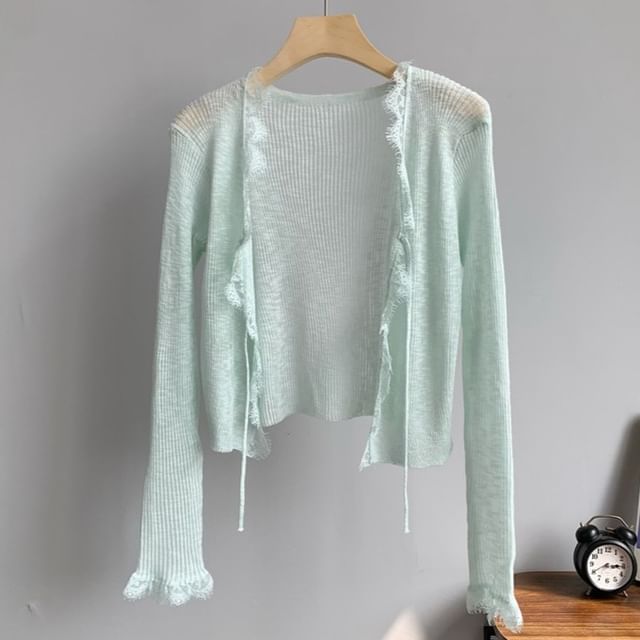 Lace Trim Ribbed Tie-Front Cardigan