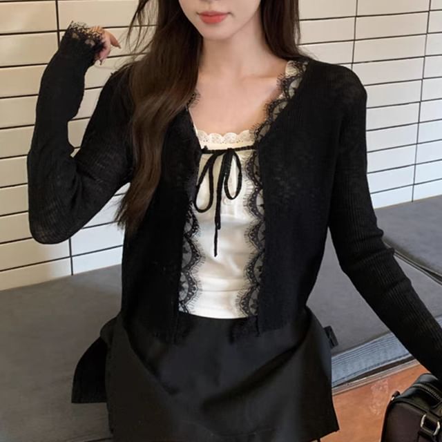 Lace Trim Ribbed Tie-Front Cardigan