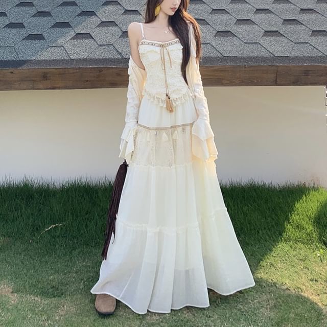 Tasseled Sleeveless Top, Maxi A-Line Skirt, and Cardigan Ensemble