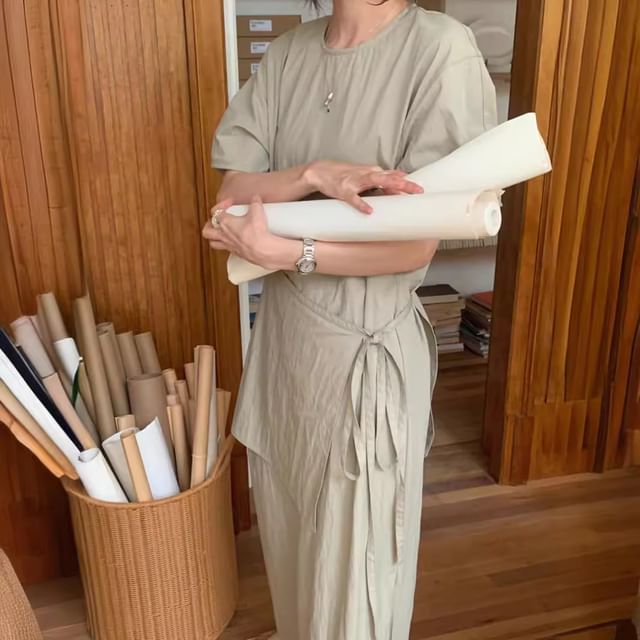 Mock Two-Piece Maxi Dress - Long Sleeve Crewneck