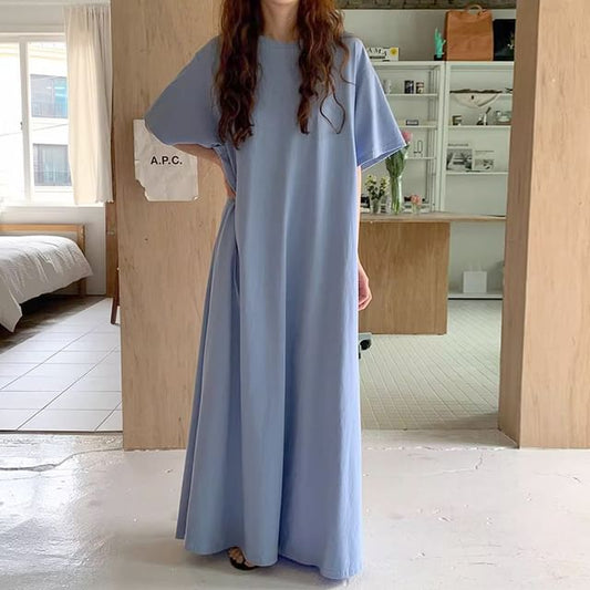 T-Shirt A-Line Maxi Dress - Elbow Sleeve Crewneck
