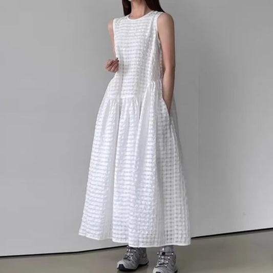 Puff Sleeve A-Line Maxi Dress - Crewneck Sleeveless
