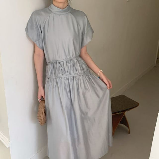 Mock Neck A-Line Maxi Dress - Short Sleeve Plain