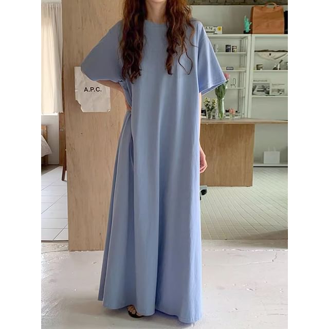 T-Shirt A-Line Maxi Dress - Elbow Sleeve Crewneck