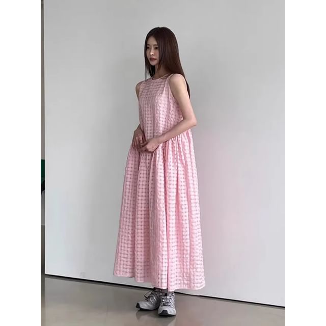 Puff Sleeve A-Line Maxi Dress - Crewneck Sleeveless