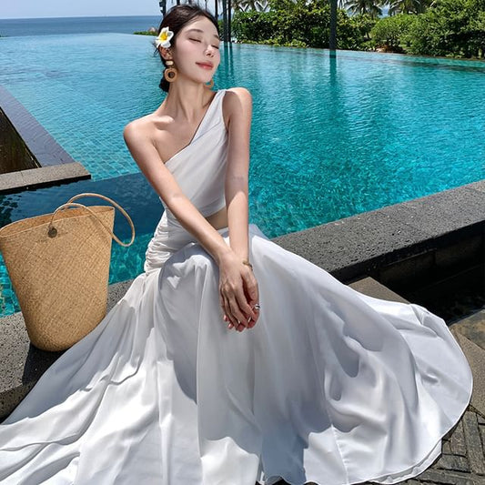 One-Shoulder Cutout Asymmetric A-Line Maxi Dress