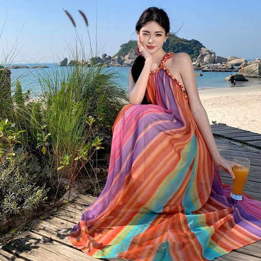 Color Block Halter A-Line Maxi Dress