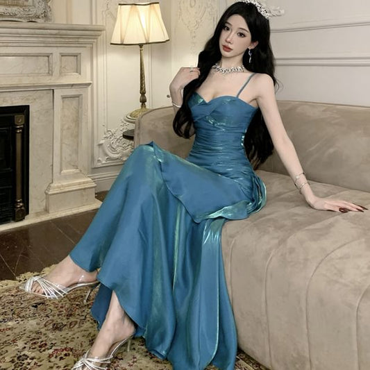 Ruffled Trim Ruched Spaghetti Strap A-Line Maxi Dress