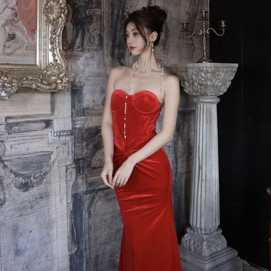 Twist Corset Mermaid Maxi Dress - Strapless Plain