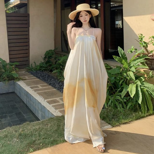 Tie Dye Slit Spaghetti Strap A-Line Maxi Gown