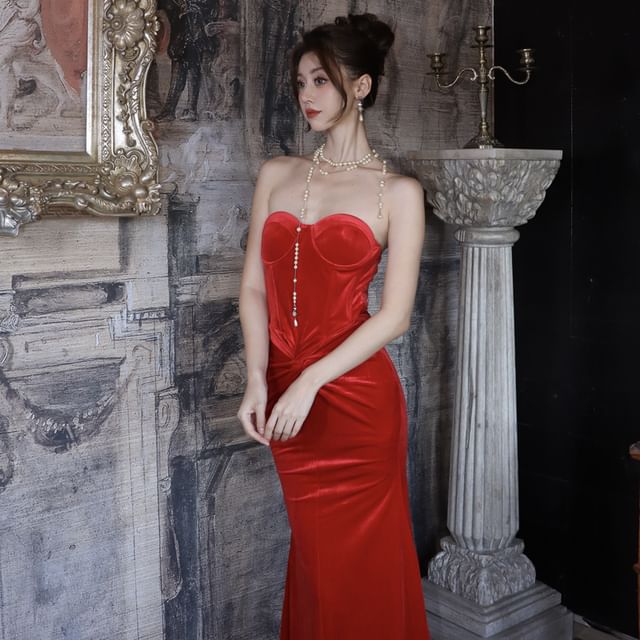 Twist Corset Mermaid Maxi Dress - Strapless Plain