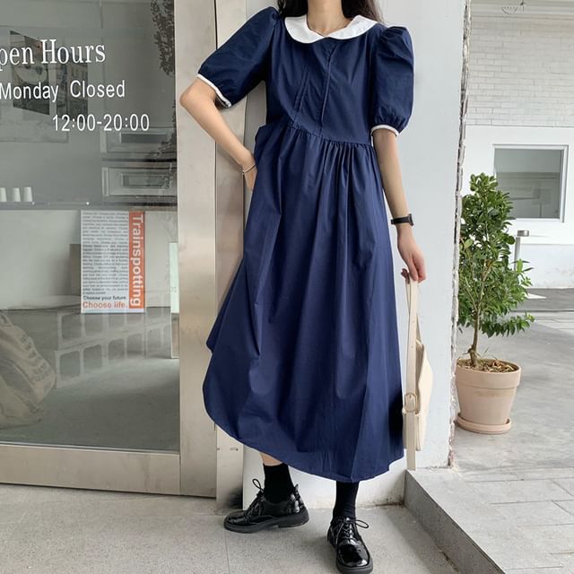 Two Tone A-Line Maxi Dress - Short Sleeve Collared