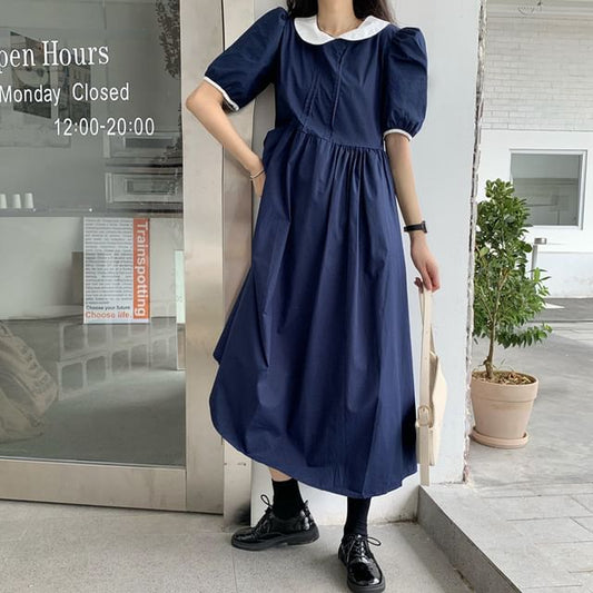 Two Tone A-Line Maxi Dress - Short Sleeve Collared