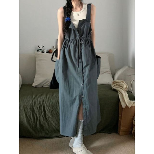 Button-Up Maxi Dress - Sleeveless Plain