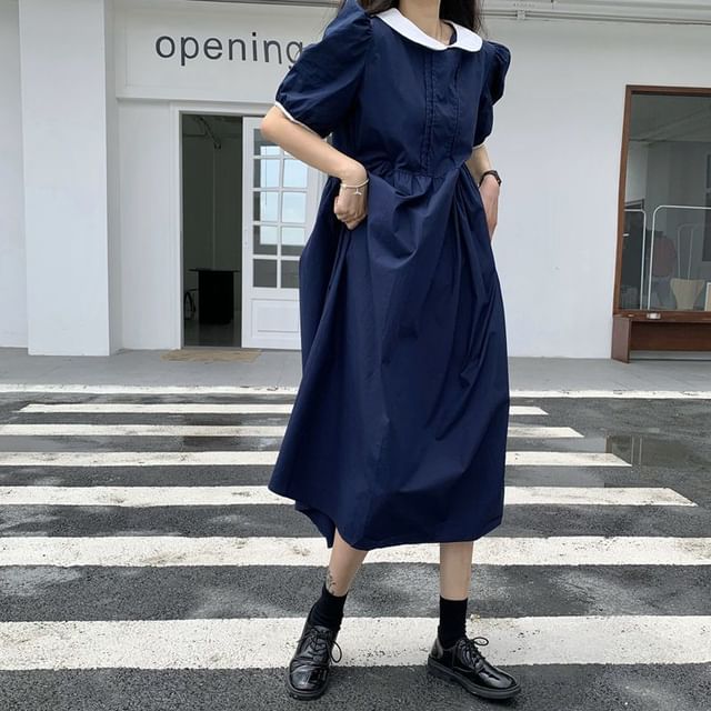 Two Tone A-Line Maxi Dress - Short Sleeve Collared