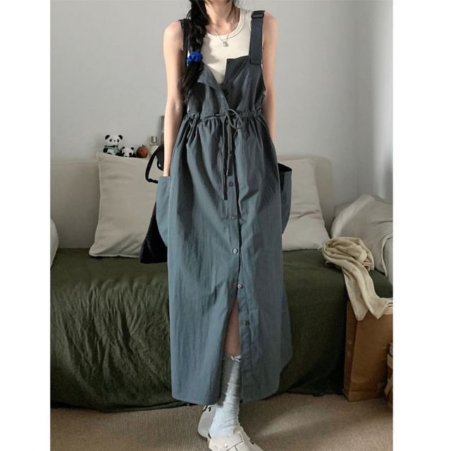 Button-Up Maxi Dress - Sleeveless Plain