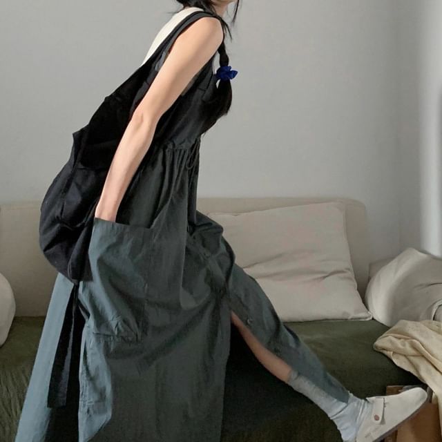 Button-Up Maxi Dress - Sleeveless Plain