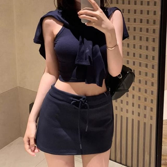 Crew Neck Crop Tank with Pencil Skirt and Cardigan Set