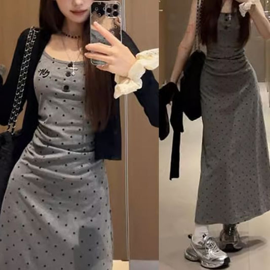 Dotted Ruched Midi Dress with Crop Cardigan Set