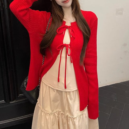 Bow Lace-Up Knit Cardigan with Top and Skirt Set
