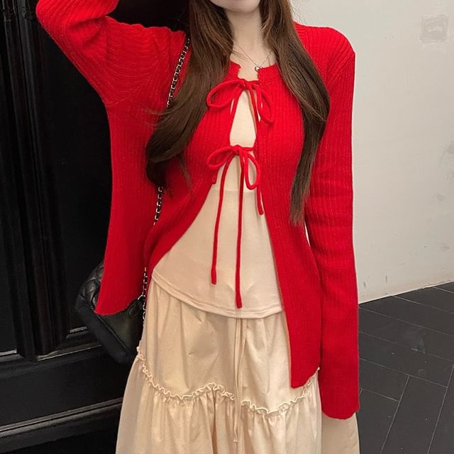 Bow Lace-Up Knit Cardigan with Top and Skirt Set
